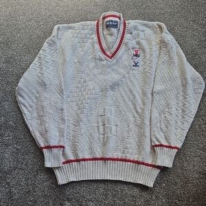 Cream V-Neck Sweater with Red Trim